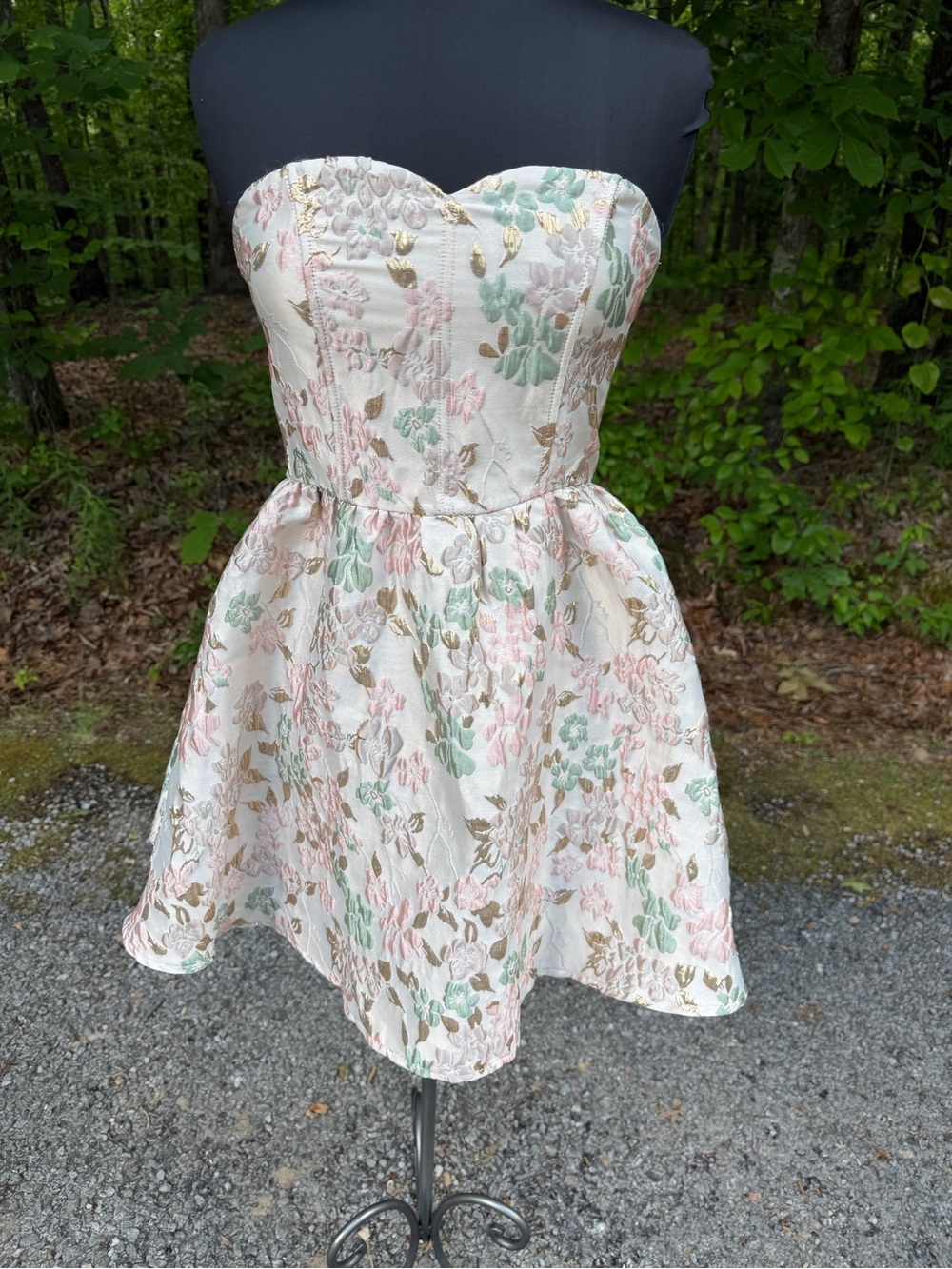 Francesca's Floral Brocade Strapless Dress in Cream, Pink & Mint
